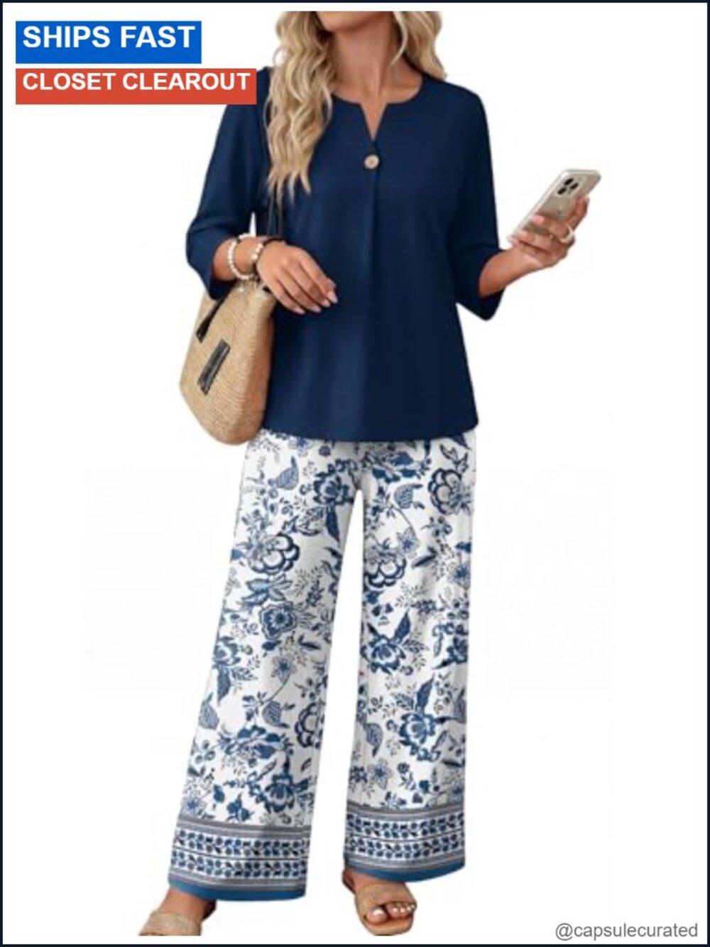 Women 2 Piece Lounge Sets 3/4 Sleeve Wide Leg Pants V Neck Travel Outfit